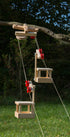 Wooden pulley system attached to a tree branch with a blurred natural background