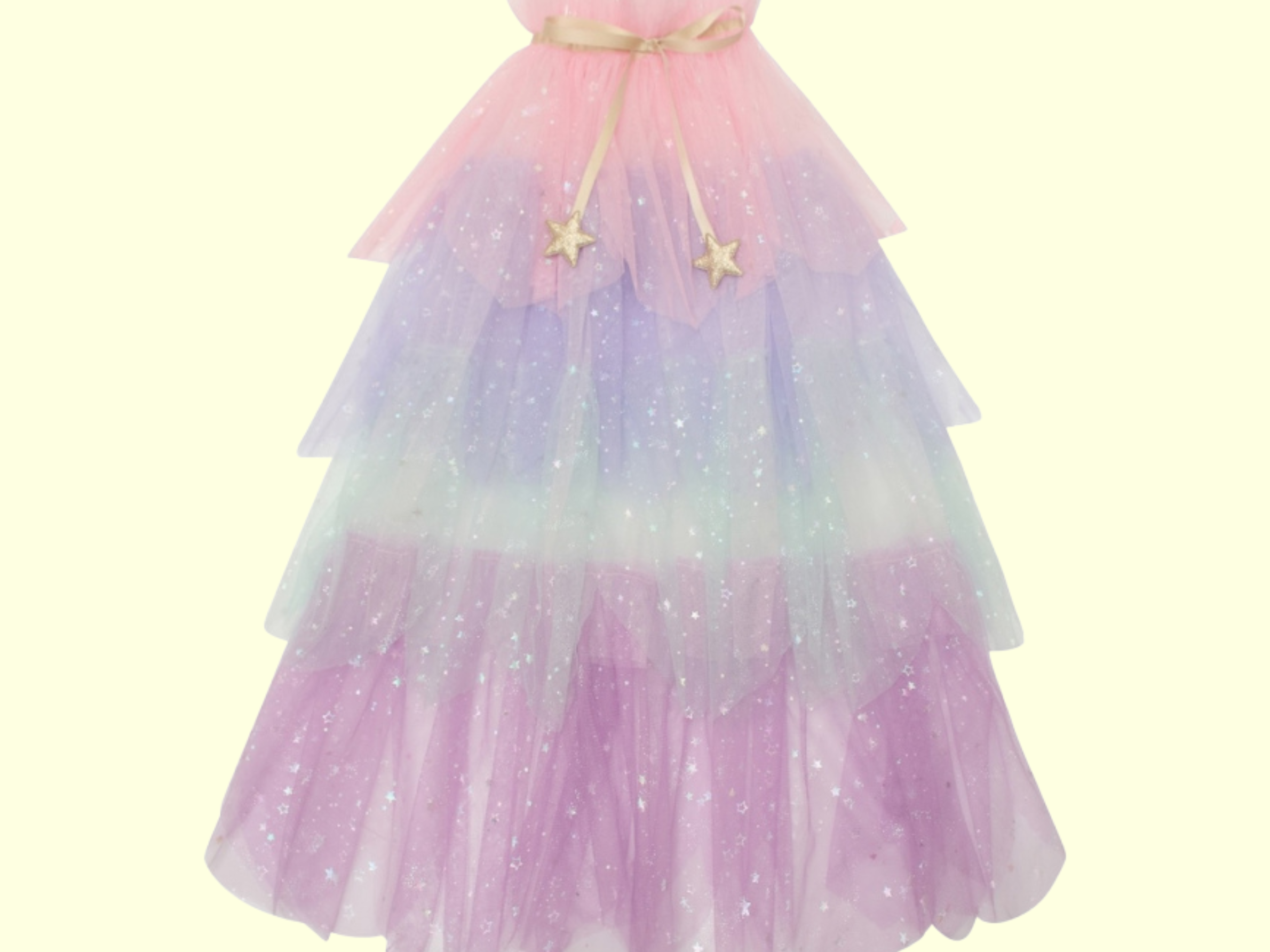 Pastel-colored tiered dress with star accents on a light yellow background