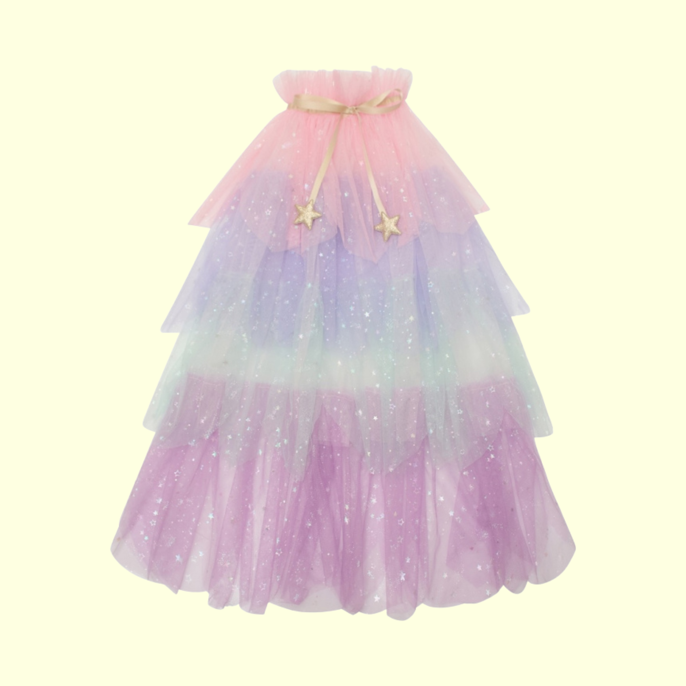 Pastel-colored tiered dress with star accents on a light yellow background